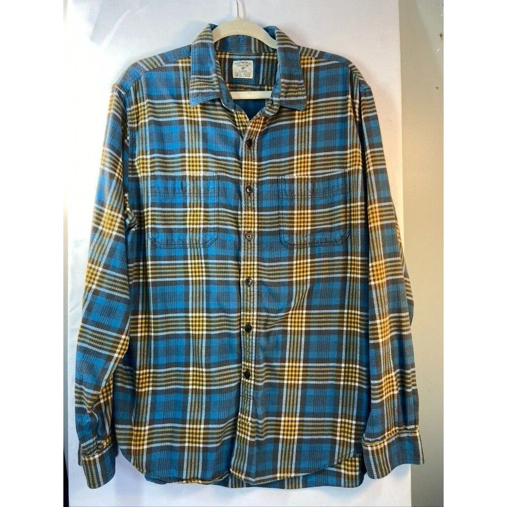 J CREW MENS LARGE BLUE PLAID FLANNEL LONG SLEEVE COTTON SHIRT